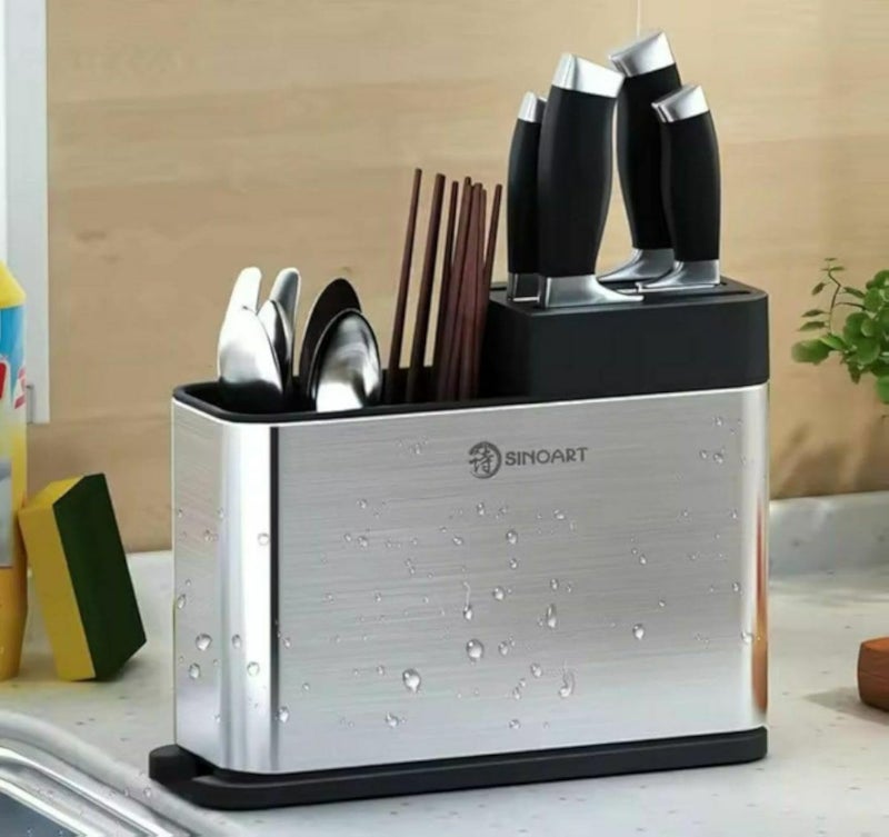 Stainless Steel Cutlery Holder with Knife Rack â€“ Premium Utensil Drainer for Kitchen Sink & Dining Table â€“ 4 Compartments, Removable Knife Organizer, Durable & Rust-Resistant Kitchen Accessory